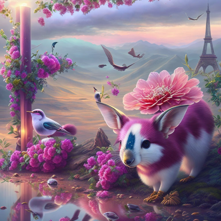 Large rabbit-like creature in vivid Eiffel Tower landscape