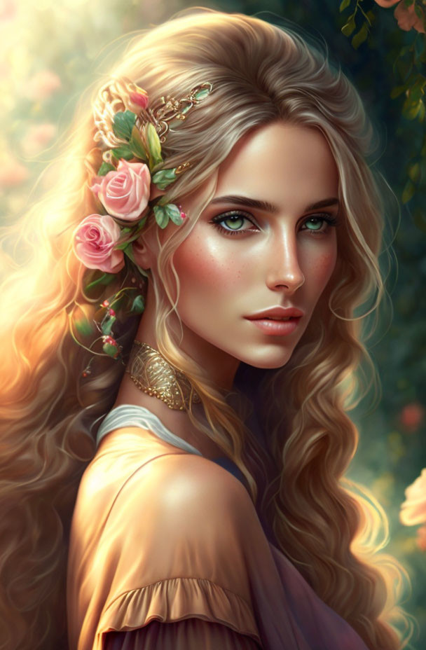 Digital portrait: Woman with curly hair, pink roses, gold hairpiece, green eyes, and fre