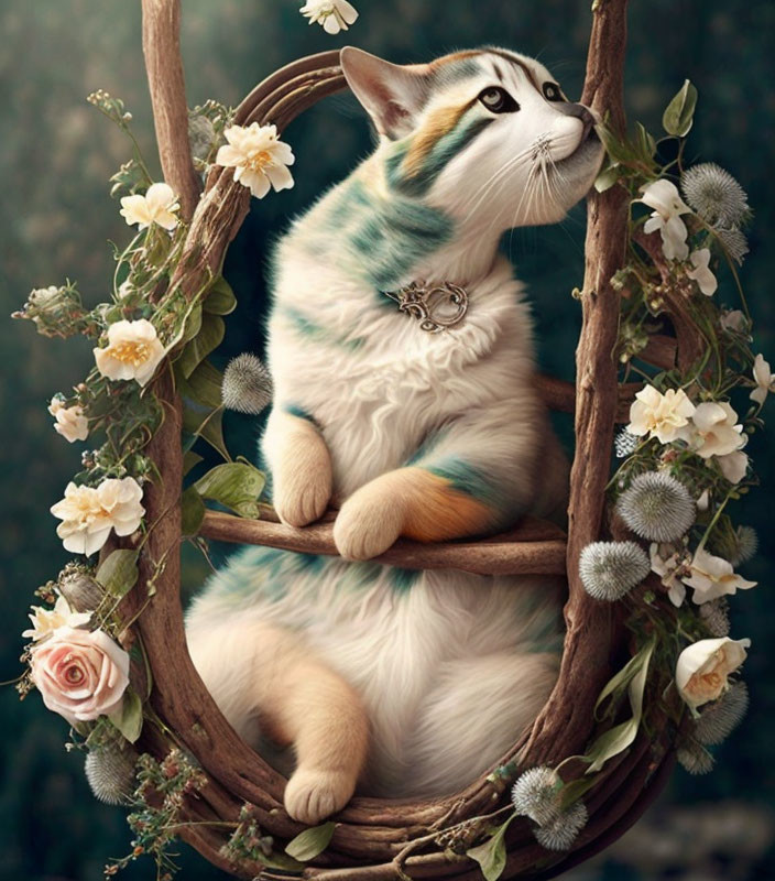 Green-striped cat on swing with roses and dandelions