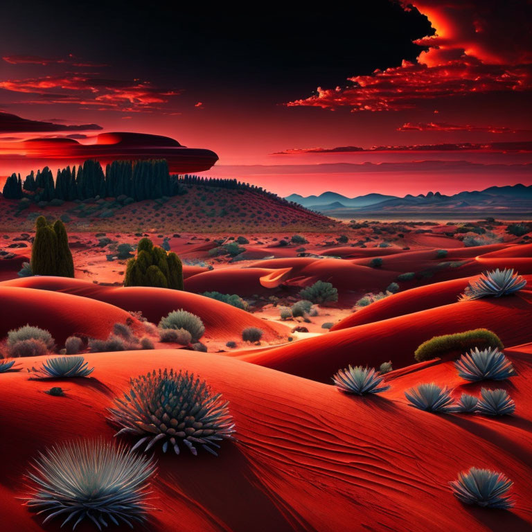 Vivid Red Desert Landscape Under Dramatic Sunset Sky