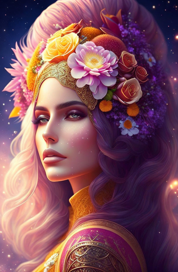 Illustrated woman with purple hair and floral crown on starry background