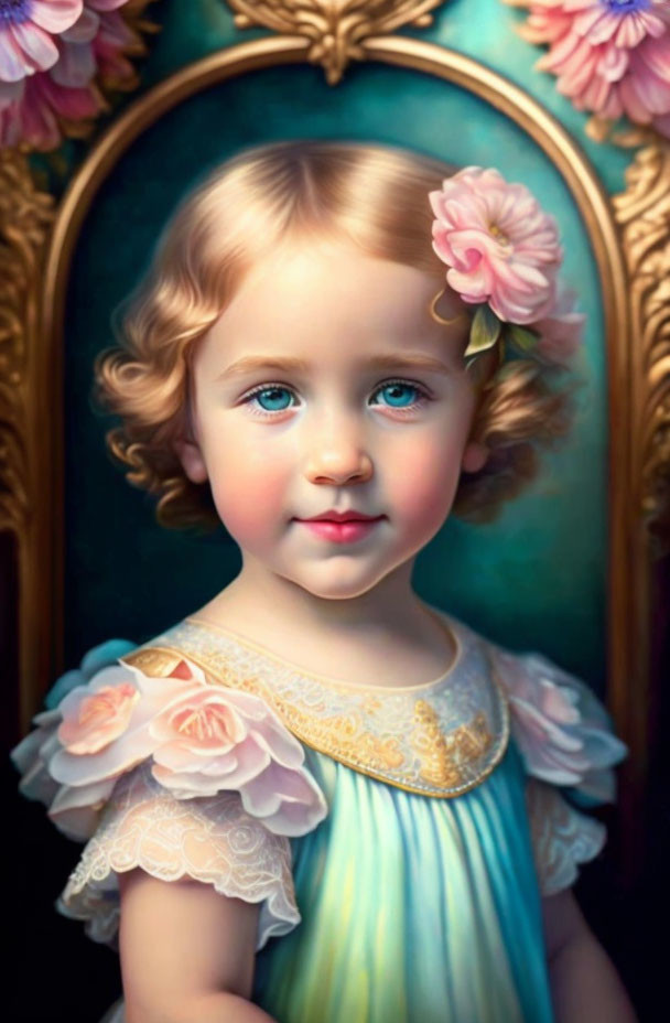 Vintage-style painting of young child with blue eyes, curly hair, pink flower, pastel dress.