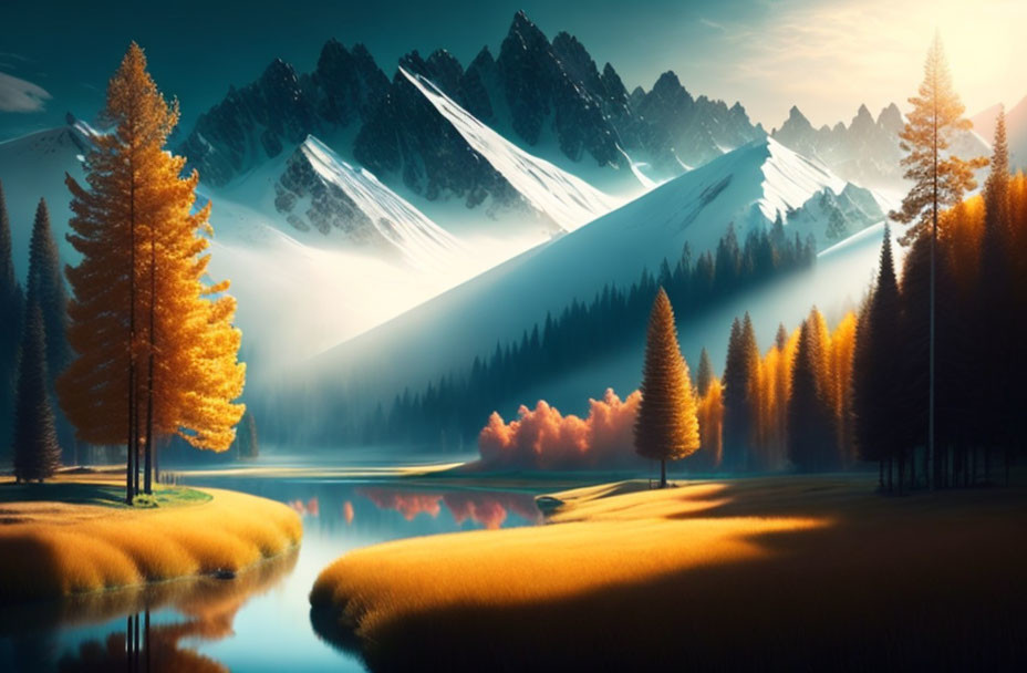 Tranquil autumn landscape with golden trees, river, and mountains