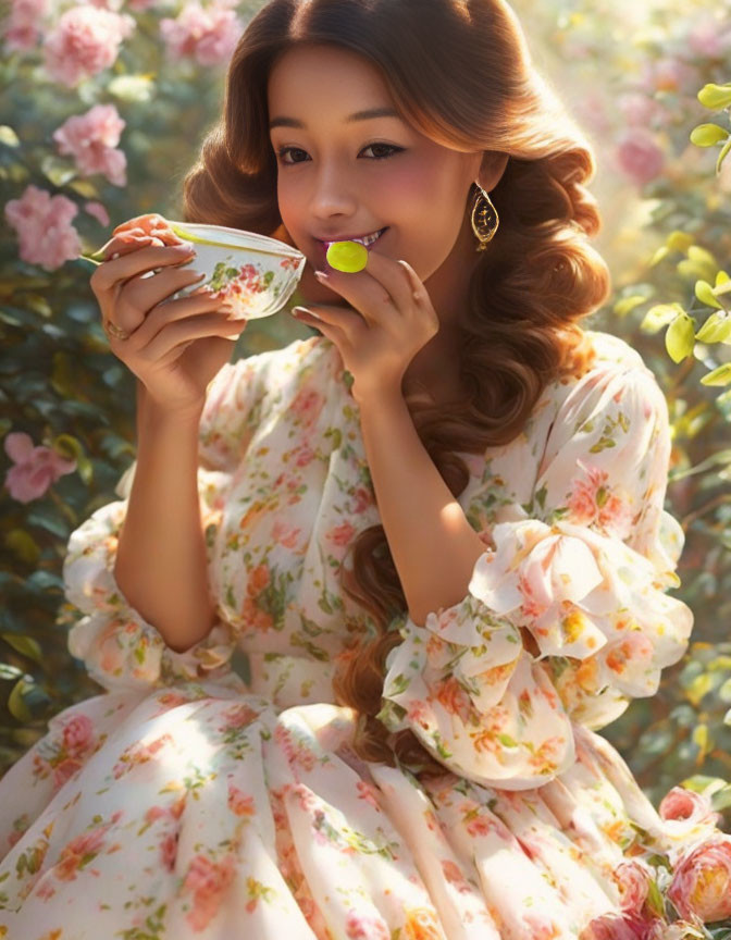 Woman in floral dress sipping tea in garden surrounded by blooming flowers