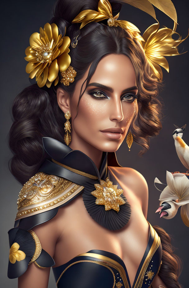 Illustrated woman with golden floral accessories and shoulder armor, navy outfit, birds, soft background