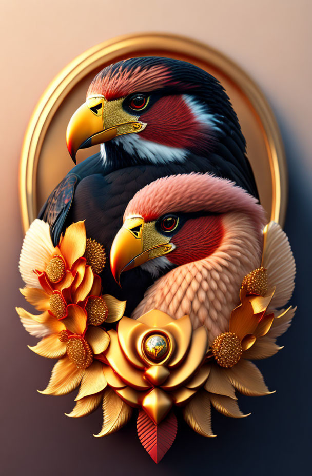 Stylized eagles illustration with golden floral frame