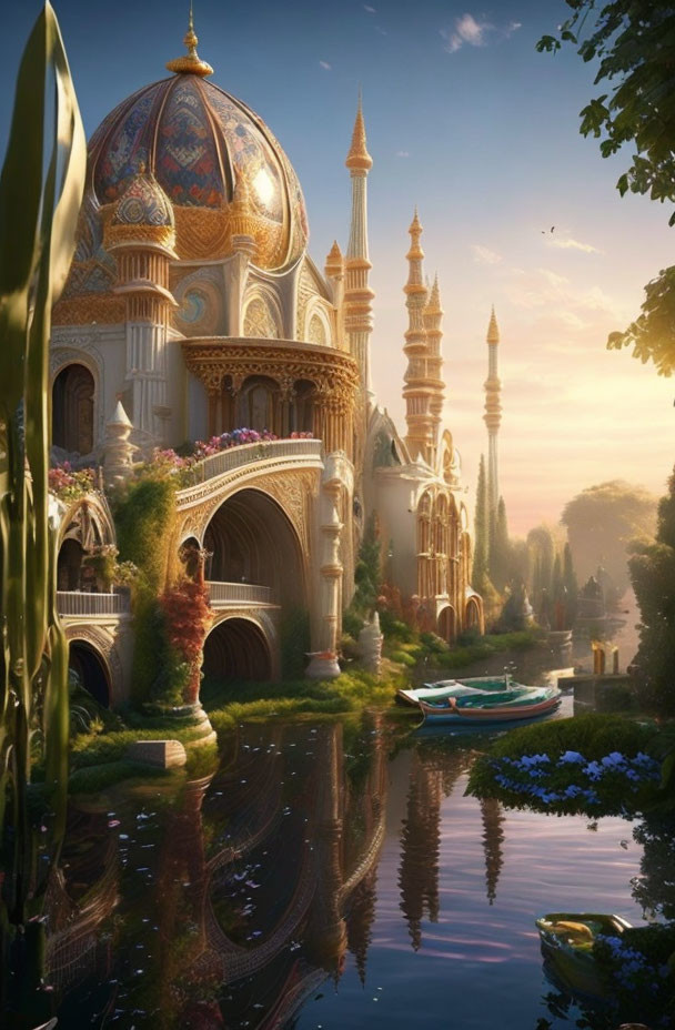 Palace with ornate domes and spires by tranquil river at sunset