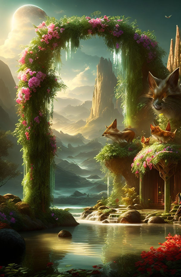 Fantasy landscape with fox-like creatures, floral arch, cozy dwelling, and misty mountains