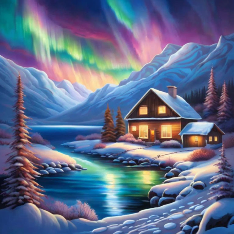 Snowy landscape: Cozy cabin by river under vibrant aurora.