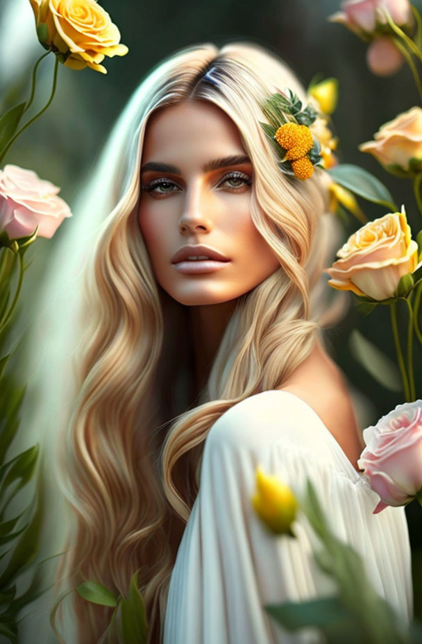 Blonde Woman with Floral Adornments Among Soft Roses