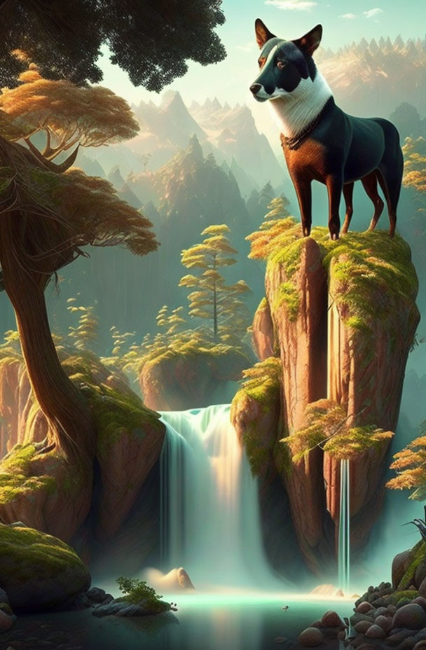 Dog on surreal oversized cliff with cascading waterfall in forest landscape