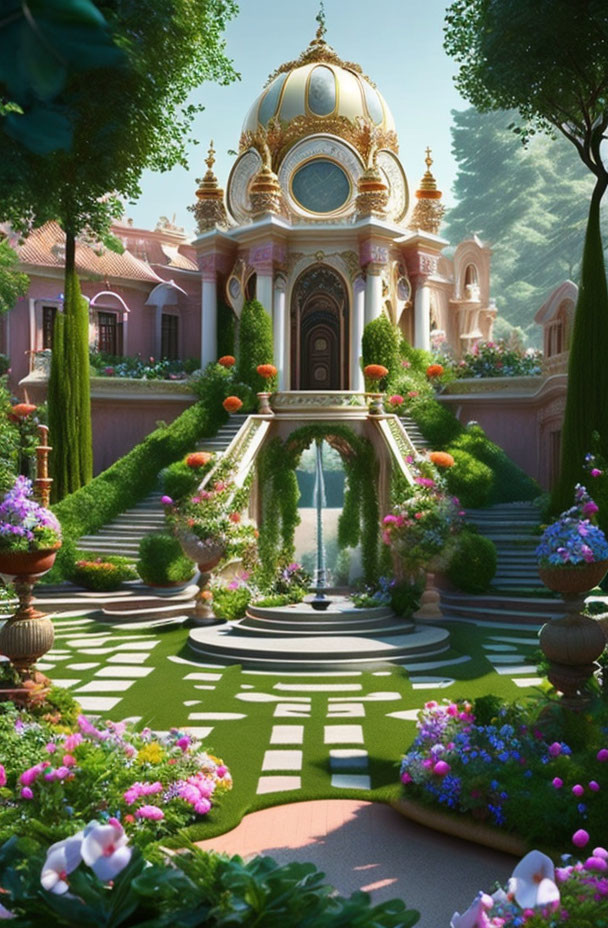 Symmetrical garden with vibrant flowers, manicured hedges, golden dome, and patterned pathway