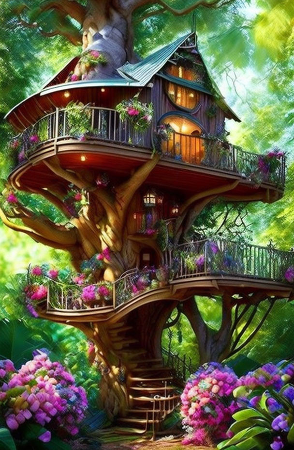 Whimsical multi-level treehouse with flower-adorned balconies in lush forest