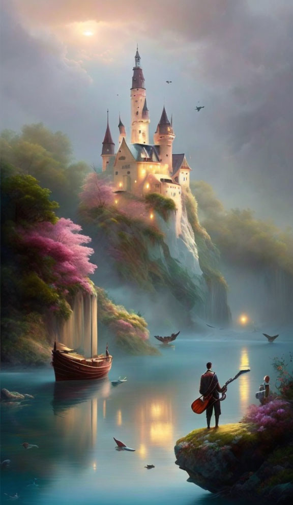 Majestic castle on cliff with waterfalls, man playing guitar, child, boats, serene fantasy