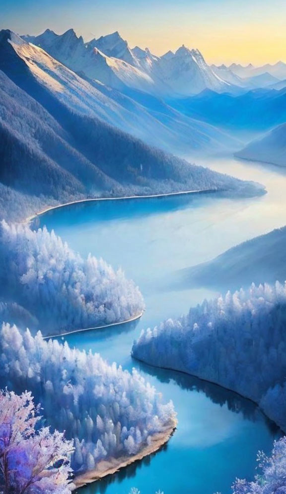 Tranquil winter landscape with winding river and frosted trees