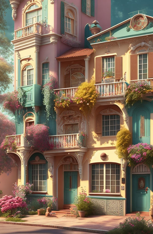 Whimsical pink and blue pastel-colored building with lush greenery and ornate balconies