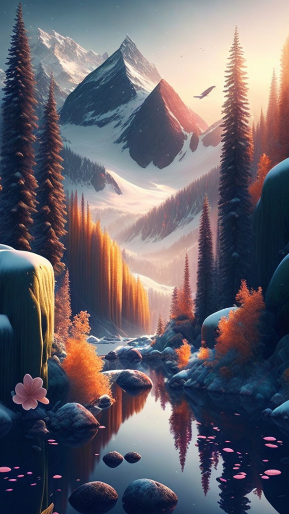 Snow-capped mountains, pine forest, river, and pink flower in serene dusk landscape