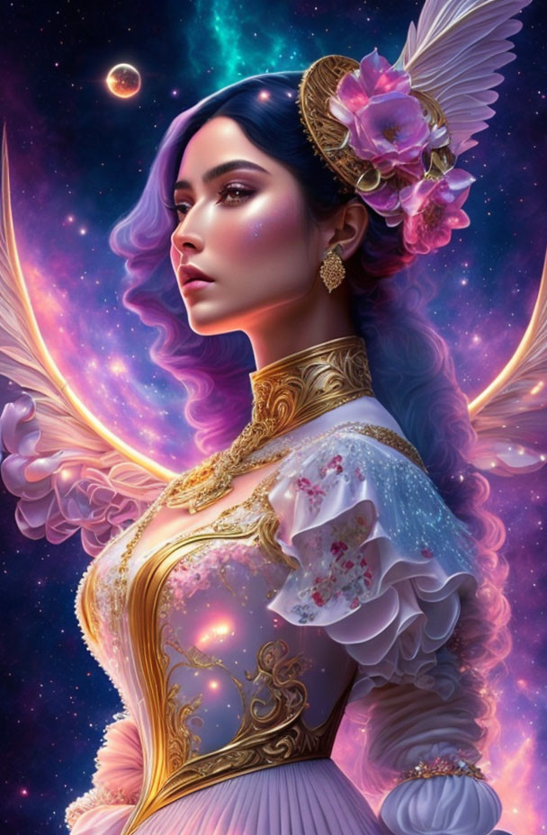 Violet-haired woman in cosmic setting with ornate gold attire.