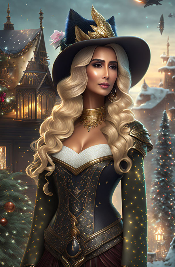 Blonde woman in wide-brimmed hat and corset in winter village illustration