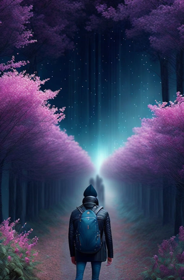 Person standing before mystical forest pathway with pink blossoming trees under starry sky