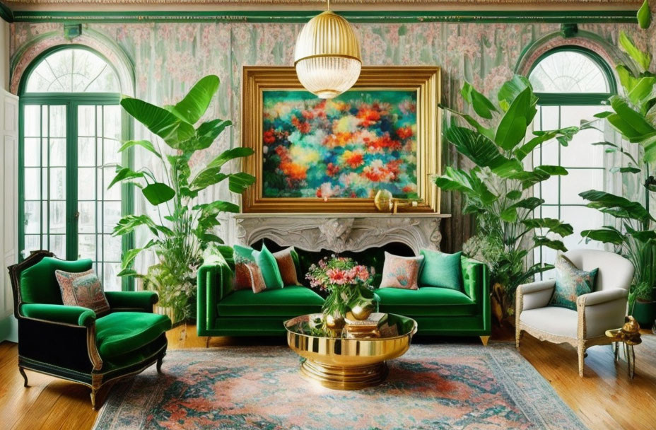 Luxurious Living Room with Green Velvet Sofas and Vibrant Art