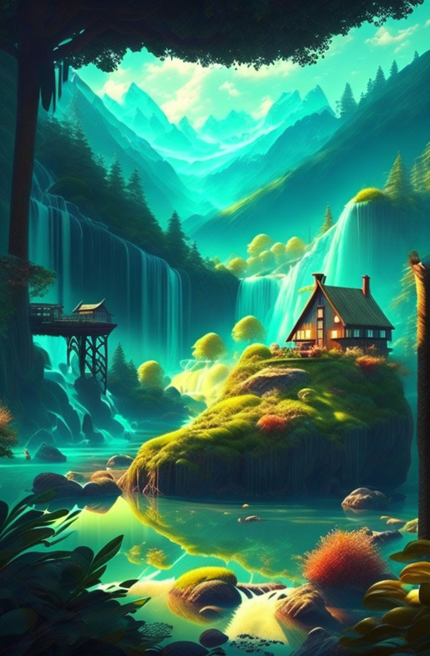 Fantasy landscape with cabin, waterfalls, mountains, and bridge.