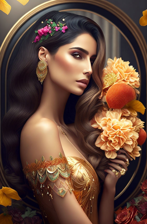 Illustrated Woman with Flowers and Jewelry on Golden Oval Background