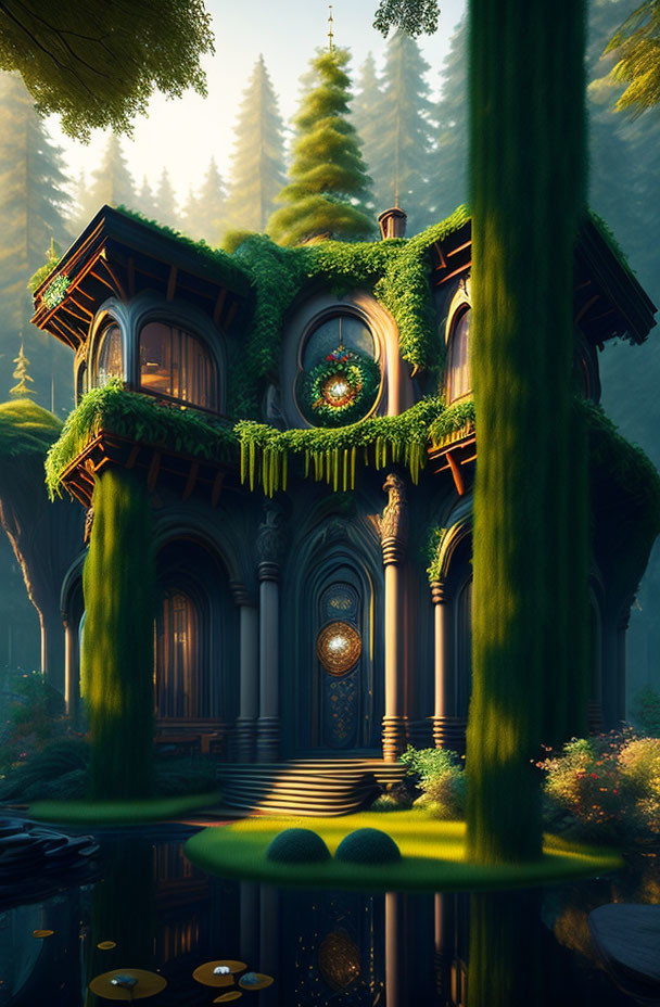 Enchanting treehouse with ornate windows in lush forest