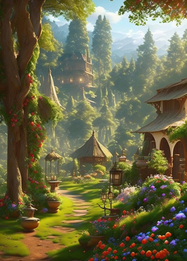 Tranquil fantasy village with lush greenery and quaint houses