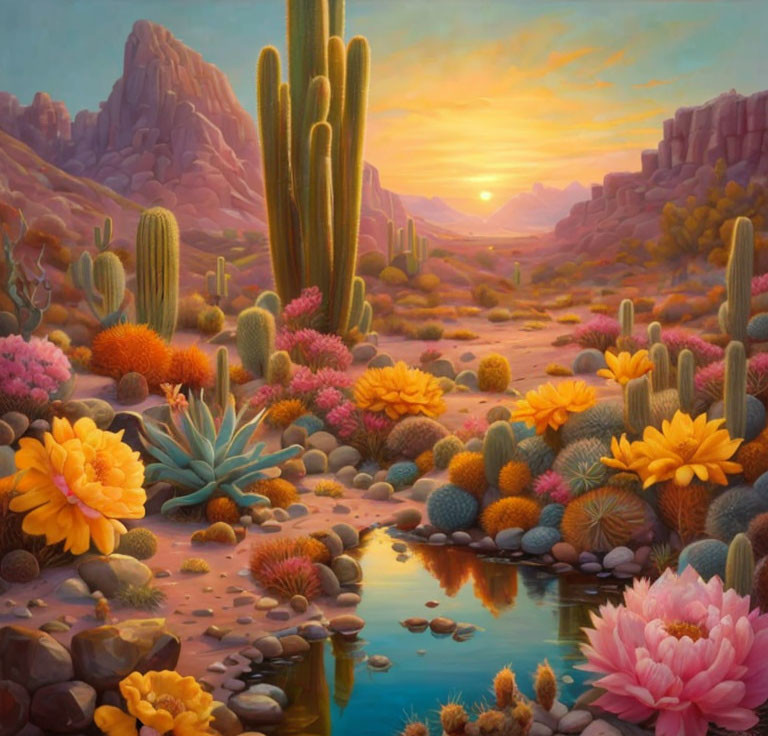 Colorful desert sunset with cacti, blooming flowers, rocky terrain, and serene water.