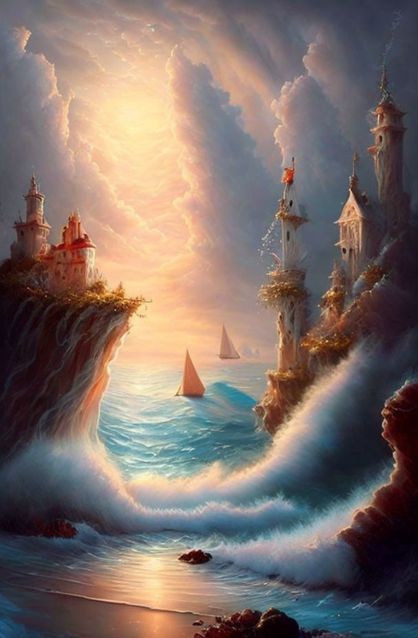 Majestic fantasy landscape with cliffs, waterfalls, castles, and sailing boats