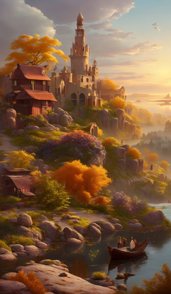 Fantasy sunset landscape with castle, cottages, trees, and couple rowing boat