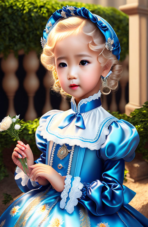 Young child in fancy blue historical costume holding a white flower