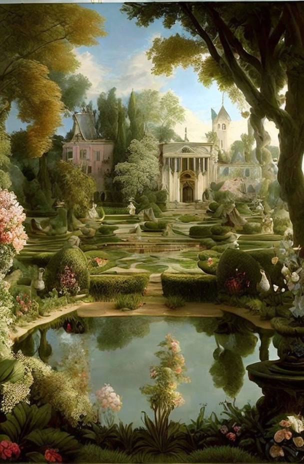 Tranquil garden with hedges, flowers, ponds, and classical estate