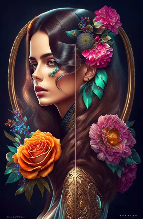 Split design woman illustration with vibrant flowers and intricate patterns on dark background.