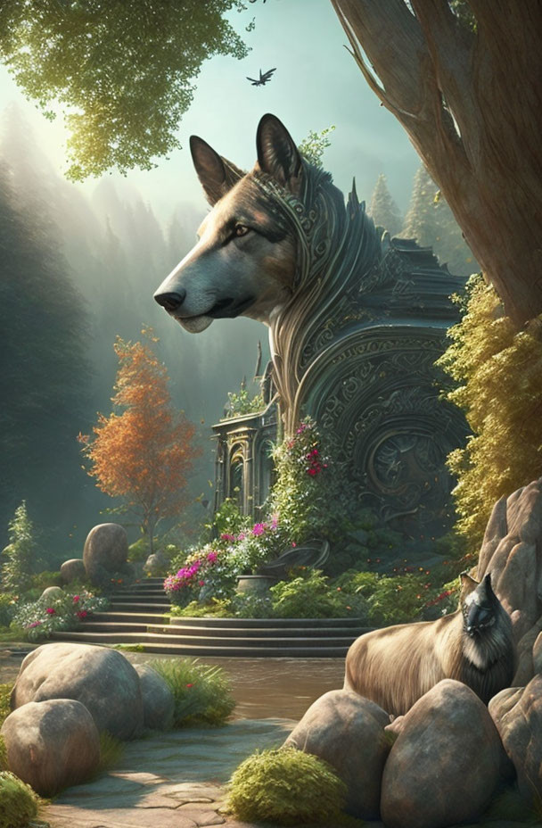 Lush forest with wolf head monument and serene cat in vibrant setting