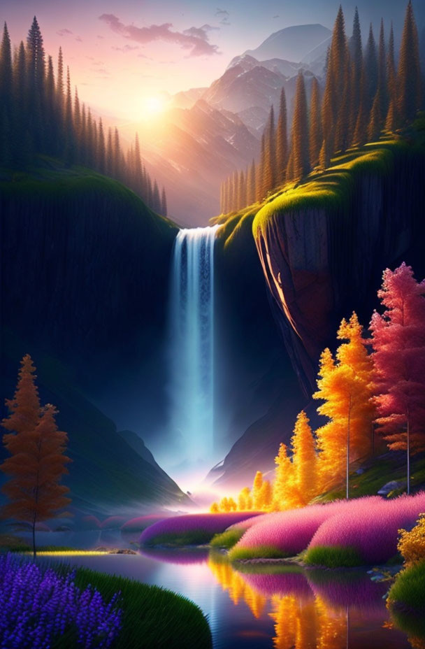 Majestic waterfall in vibrant landscape with serene river