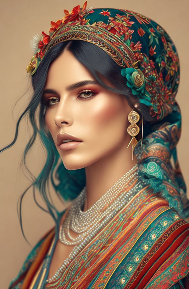 Colorful floral headscarf and elegant jewelry portrait of woman with striking makeup