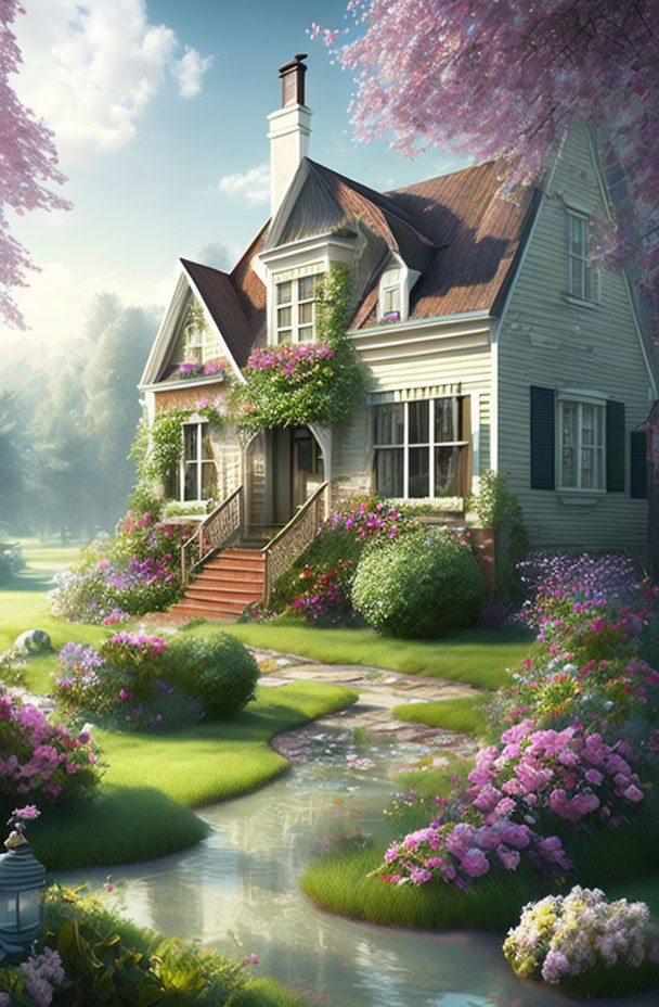 Charming cottage in lush garden with blooming flowers and gentle stream