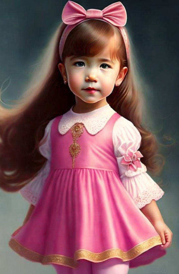 Digital painting of young girl with long brown hair in pink dress