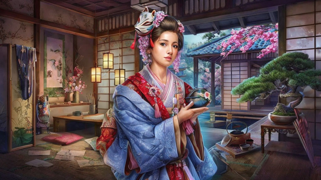 Digital artwork of woman in Japanese attire with fan in cherry blossom room