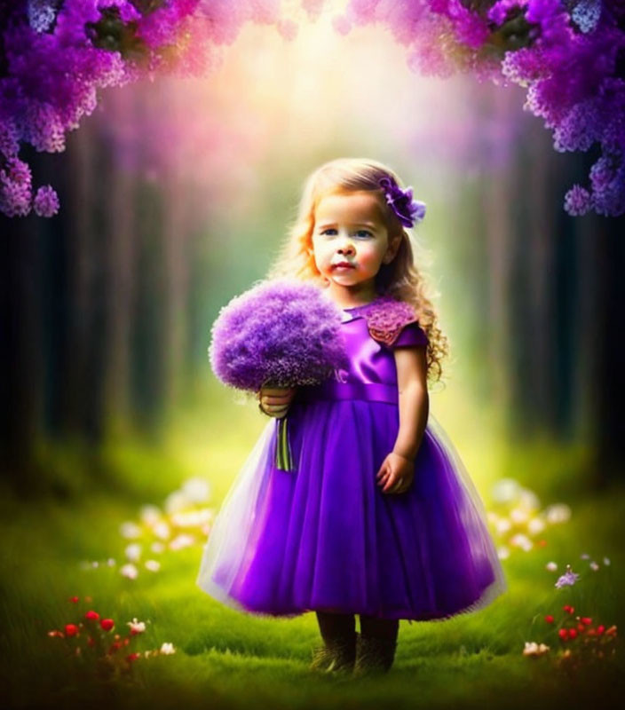 Young girl in purple dress with bouquet in dreamy flower-lined pathway