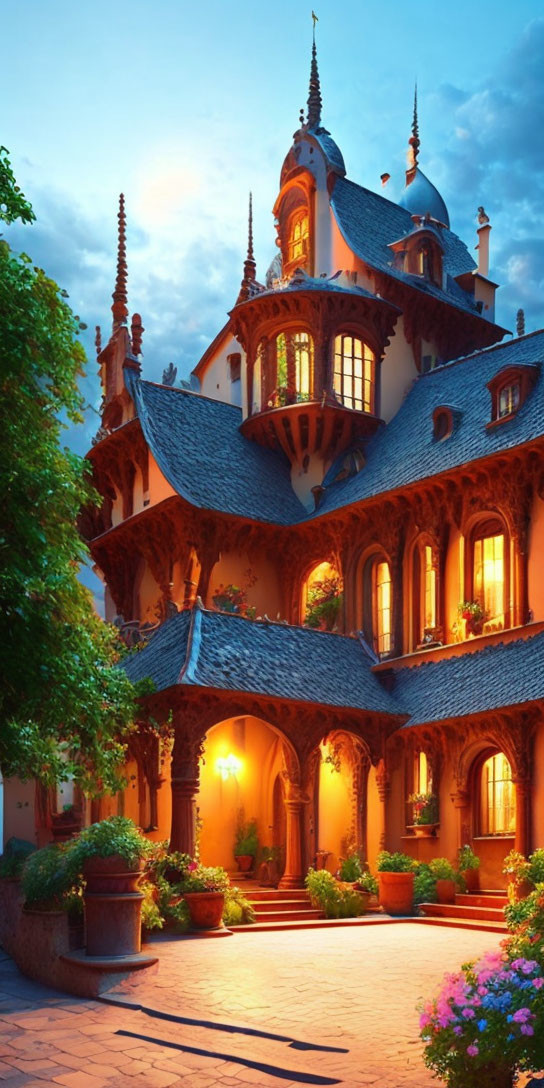 Twilight View of Fairy-Tale Castle Amidst Lush Greenery