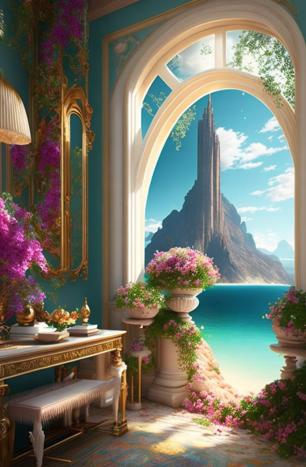 Spacious room with arched window overlooking sea and mountain view surrounded by flowers and classic furniture