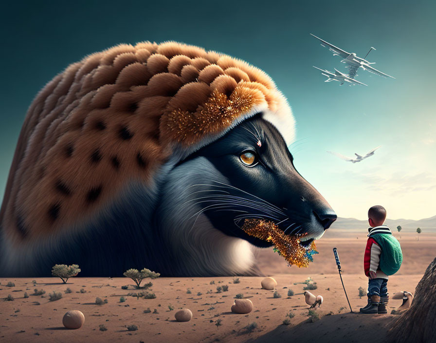 Surreal image: Cat with cheetah body, panther face, crown, boy and