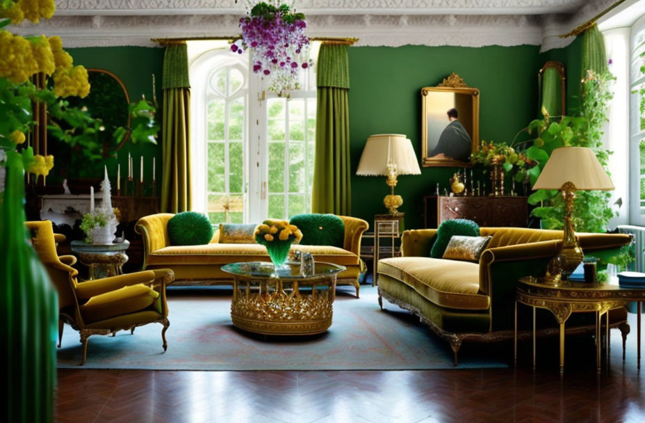 Luxurious Green and Gold Room with Velvet Sofas and Ornate Lamps