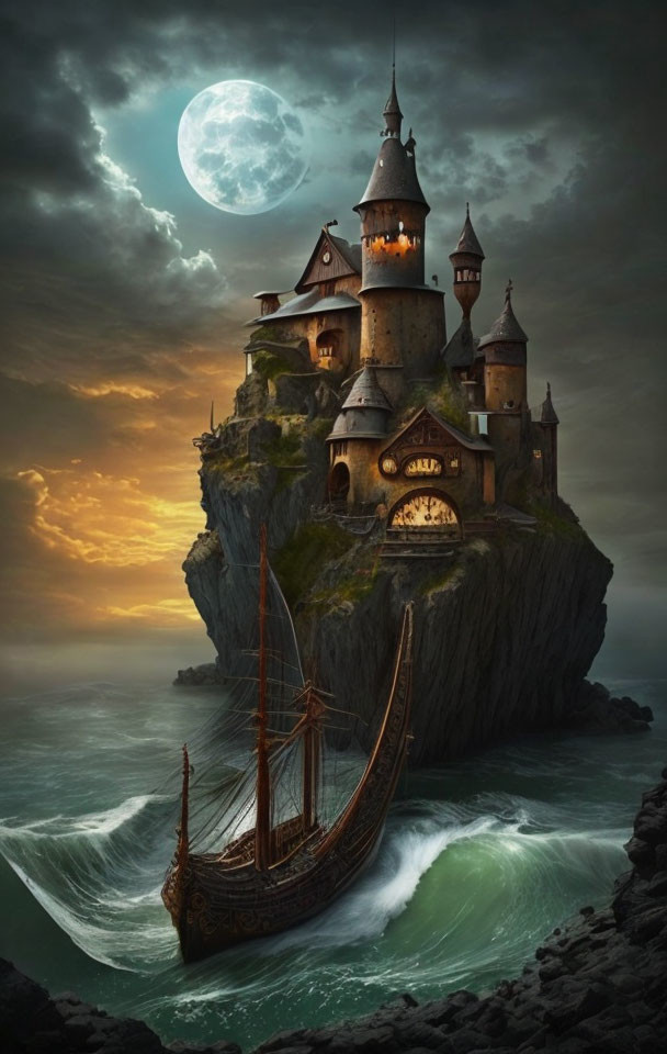 Moonlit ancient castle on rugged cliff with sailboat in turbulent sea