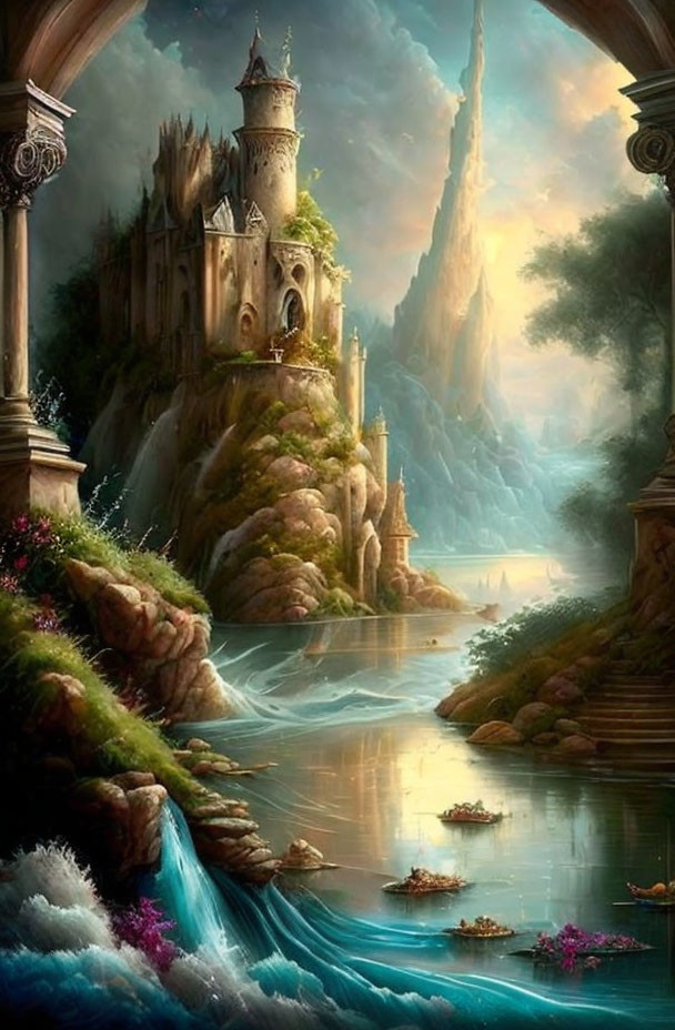 Mystical river winding through lush landscape with castles and spires