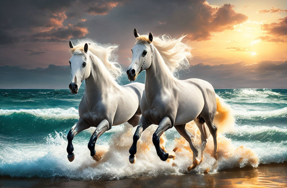 White horses galloping on beach at sunset