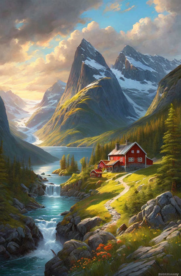 Tranquil valley with river, red house, hills, sunset, mountains